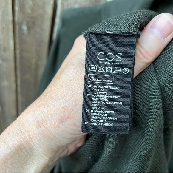 COS 100% Wool Cowl Neck Tulip Overlay Sweater Dress In Gray Green Sz M - Picture 4 of 11